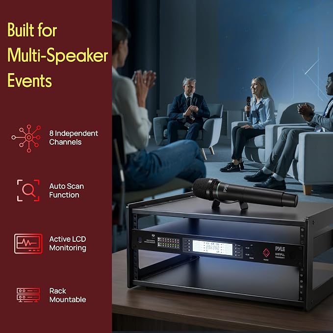 Pyle 8 Channel UHF Wireless Microphone System with 8 Handheld Mics, 300 Ft Range, Rack Mount Receiver for Karaoke, Worship, Schools & Live Events - Image 3
