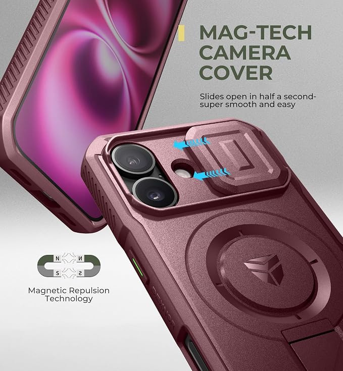Dexnor for iPhone 16 Case with Slide Camera Cover & Adjustable Kickstand, Magnetic Rugged Shockproof Bumper Cases Heavy-Duty Magnetic Protective Cover,Maroon Red - Image 4