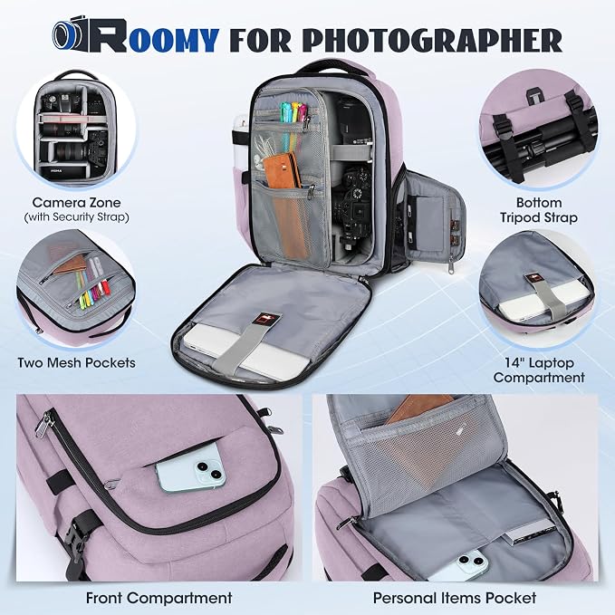 Camera Backpack Camera Bag for Photographers DSLR SLR Mirrorless Camera Cases with Waterproof Rain Cover & Laptop Compartment Fits 14 Inch Laptop,Anti Theft Travel photography backpack,Pink - Image 3
