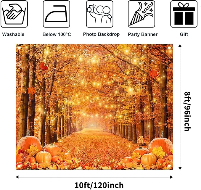 10x8ft Fall Thanksgiving Photography Backdrop | Cotton Fabric, Maple Forest Pumpkin Print, Fall Party Decor, Fall Harvest Friendsgiving Party Photo Booth Background - Image 2