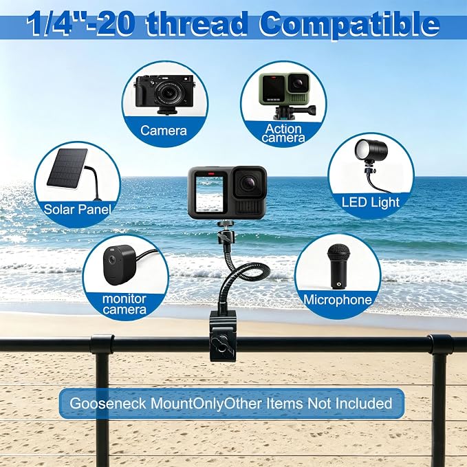 30cm Gooseneck Clamp Camera Mount with 1/4" Screw & 360° Ball Head | Flexible Clip Mount for Handlebar, Desk, Tube, Cross Bar – Compatible with GoPro, Ring, Google Nest, Wyze, Arlo - Image 4