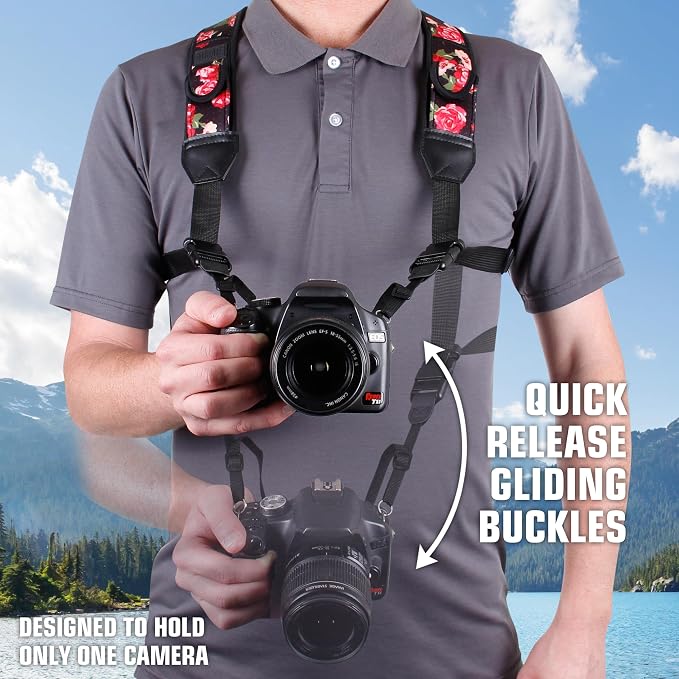 USA Gear DSLR Camera Strap Chest Harness with Quick Release Buckles, Floral Neoprene Pattern and Accessory Pockets - Compatible with Canon, Nikon, Sony and More Point and Shoot and Mirrorless Cameras - Image 2