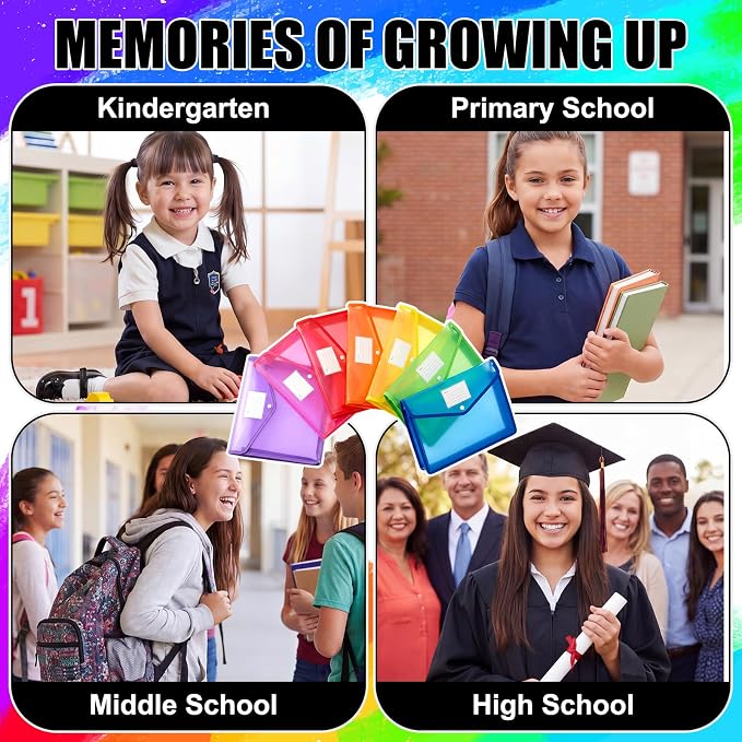Motipuns 14 Pack K-12 School Memory Box Back to School, Multicolor | Large Capacity Organizer, 16 Questionnaire Cards, Photo Album Keepsake Scrapbook, from Pre to 12th Grade File Picture Folder - Image 6