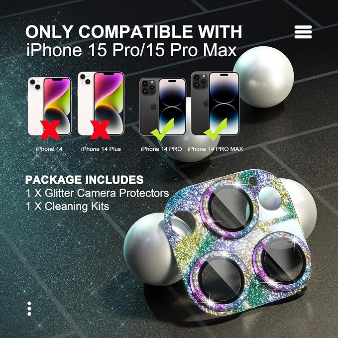 Choiche for iPhone 15 Pro/iPhone 15 Pro Max Camera Lens Protector | Bling Camera Cover with 9H Tempered Glass Lens Screen Protector Metal Ring Decoration Accessories (Glitter-Colorful) - Image 2