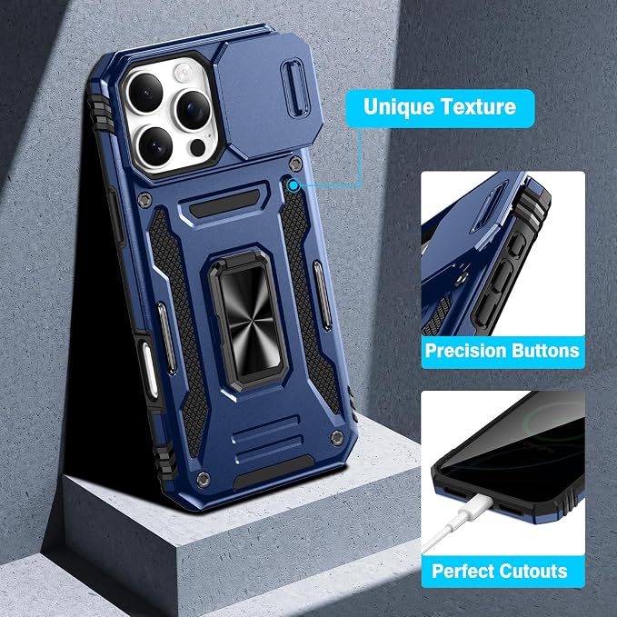 VEGO for iPhone 16 Pro Max Case with Privacy Screen Protector and Stand | Slide Camera Cover & Ring Kickstand Military Grade Heavy Duty Protection Cover for iPhone 16 ProMax 5G 6.9 Inch - Blue - Image 7