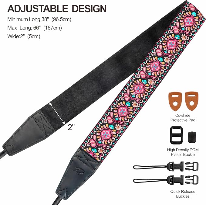 Padwa Lifestyle Pink Flower Camera Strap - 2" Full Grain Leather Ends Camera Straps for Photographers, Vintage Embroidered Cotton Weave Soft Suede Fabric Padded Strap Quick Release fits All Cameras - Image 6
