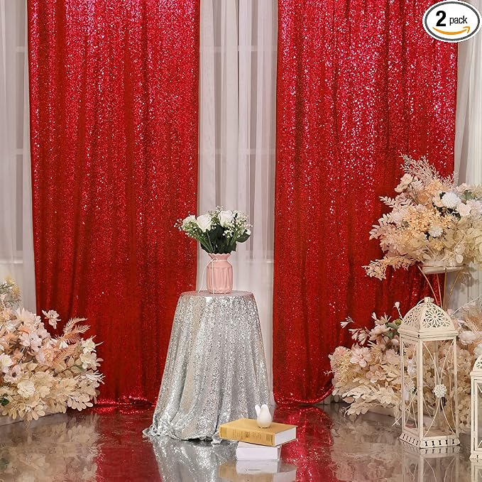 Poise3EHome Red Sequin Backdrop Curtain, 2 Panels 2Ft x 8Ft Glitter Photography Back Drop for Wedding Birthday Christmas Valentines Day Carnival Party Decorations by Poise3EHome