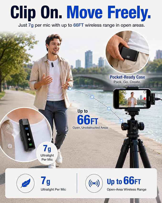 Wireless Lavalier Microphone for iPhone14/13/12, 2 Mics, Lightning Receiver | 2 Clip-On Mics with Noise Reduction, 34h Using Time with Charging Case, 48kHz Audio 66ft Range for iPhone Video Recording - Image 7