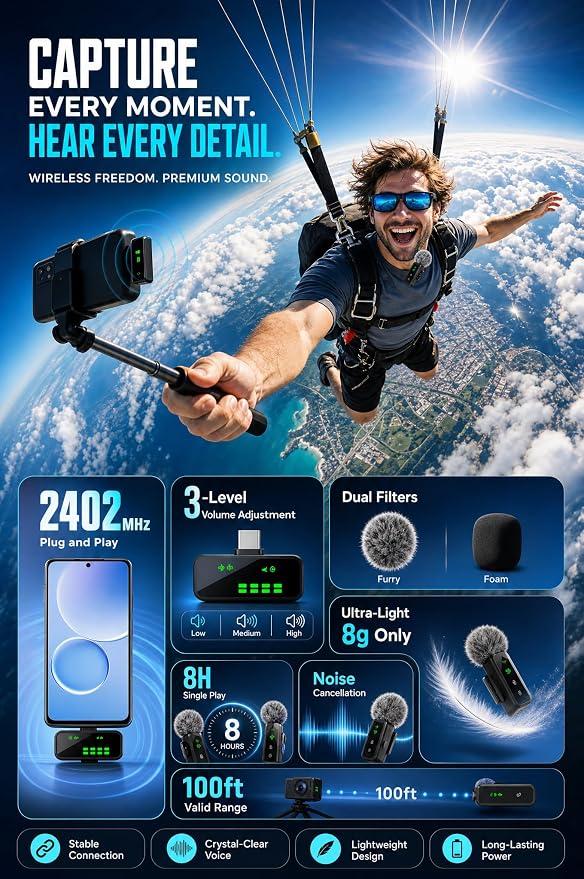 Wireless Lavalier Microphone, 12H Lapel Microphone with Digital Display & Smart Noise Cancellation, Mini Clip On Mic for iPhone Android Type-C, Recording Mic for YouTube TikTok Vlog Podcast Interview - Image 8