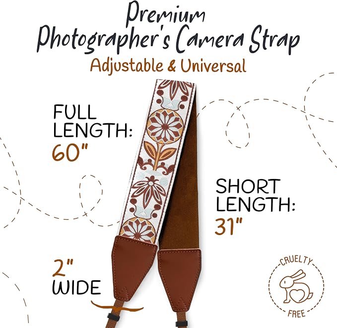 Camera Strap - Shoulder, Crossbody & Neck Camera Strap for Photographers, Fits All Cameras, Canon Nikon Sony Fujifilm, Padded Strap W/ Quick Release, Embroidered Cotton & Leather Ends, White - Image 5