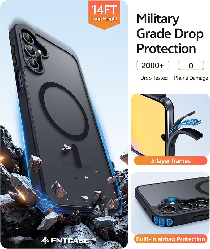 FNTCASE for Galaxy A15 5G Phone Case, Screen Protector, Black | Translucent Matte Magnetic Back, 14FT Military Grade Drop Protection, Shockproof Protective, for Samsung A 15 Cover - Image 5
