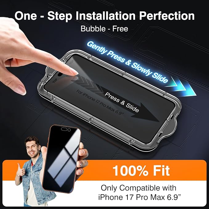 EZ-GLAZ-4+2 Pack for iPhone 17 Pro Max Privacy Screen Protector (6.9") | 2-Pack Lens Protectors, Alignment Kit, Easy Installation, 9H+ Tempered Glass, Scratch Resistant, 28° Privacy Protection - Image 2