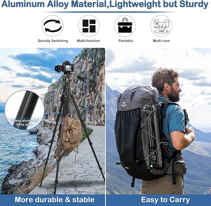 2 in 1 Camera Tripod & Hunting Stand Foldable, 68" Ball Head Tripod for Camera and Phone, Heavy Duty Tripod for DSLR Camera Lasers Binoculars Telescope Spotting Scope, Min Size 16.5" with Bag - Image 6