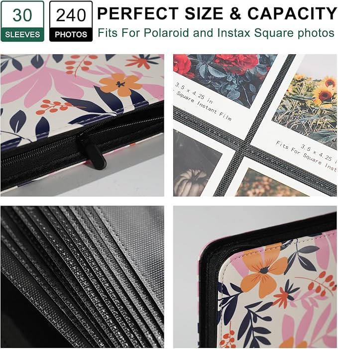 Large Polaroid Photo Album Binder, 240 Pockets. Exotic Floral | Fits Polaroid i-Type, 600, SX-70 and Instax Wide 3.5x4.25 films. Acid-free pages protect photos for long-term storage. - Image 4