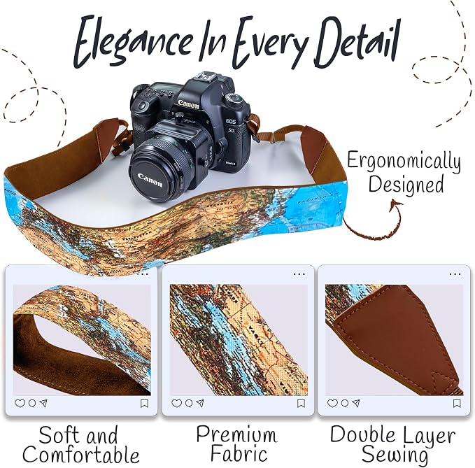 Art Tribute Camera Strap - Shoulder, Crossbody & Neck Camera Strap for Photographers, Fits All Cameras, Canon Nikon Sony Fujifilm, Padded Strap W/Quick Release, Embroidered Cotton & Leather Ends - Image 3