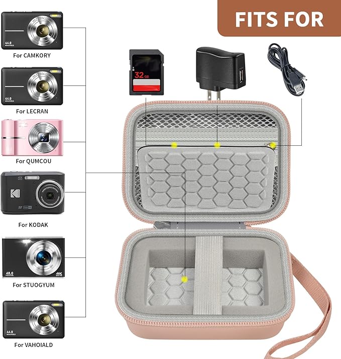 Comecase Hard Digital Camera Case for Kodak PIXPRO FZ55 FZ45, Rose Gold | Fits Cameras up to 4.33 x 3.07 x 2.3 in, Pre-Cut Foam, Elastic Strap&Hand Strap, Mesh Pocket for Accessories, Case Only - Image 2