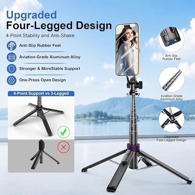53" Magnetic Selfie Stick Tripod for Phone/Action Camera, 1/4" Mount | Aluminum Alloy Pole, 360° Rotation, 4-Leg Base & Wireless Remote Compatible with iPhone17 Pro&Action Camera for Travel Photos - Image 3