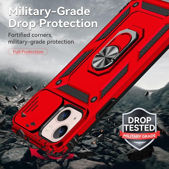 HNHYGETE for iPhone 13 Case with HD Screen Protector: [Military Grade 20ft. Drop Tested] Slide Camera Cover Ring Shockproof Protective Phone Case for - iPhone 13 (Red) - Image 3