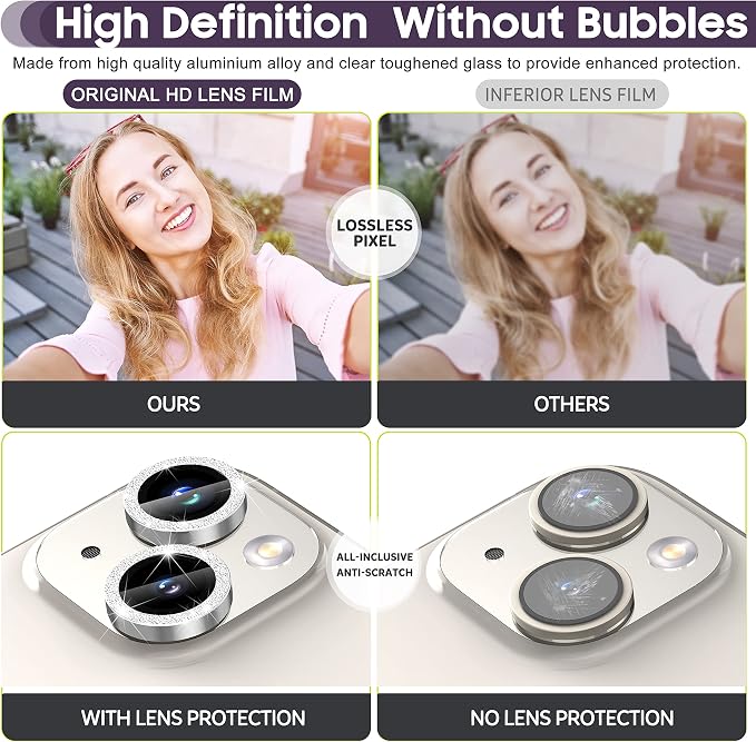 Suoman for iPhone 14 6.1 inch / 14 Plus 6.7 inch Camera Lens Protector, 9H Tempered Glass Film, Metal Frosted Independent Protective Cover [Glitter Diamonds]- Silver - Image 5