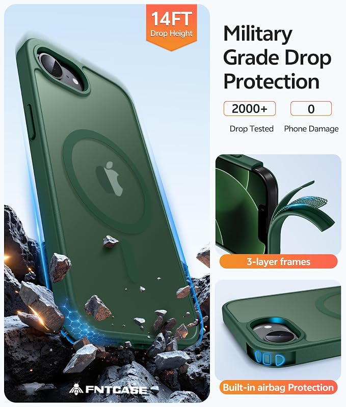 FNTCASE for iPhone 17e/ iPhone 16e Case, Fit for Magsafe, Screen Protector | Translucent Matte Magnetic Back, 14FT Military Grade Drop Protection, Shockproof Protective Phone Cover, Green - Image 5