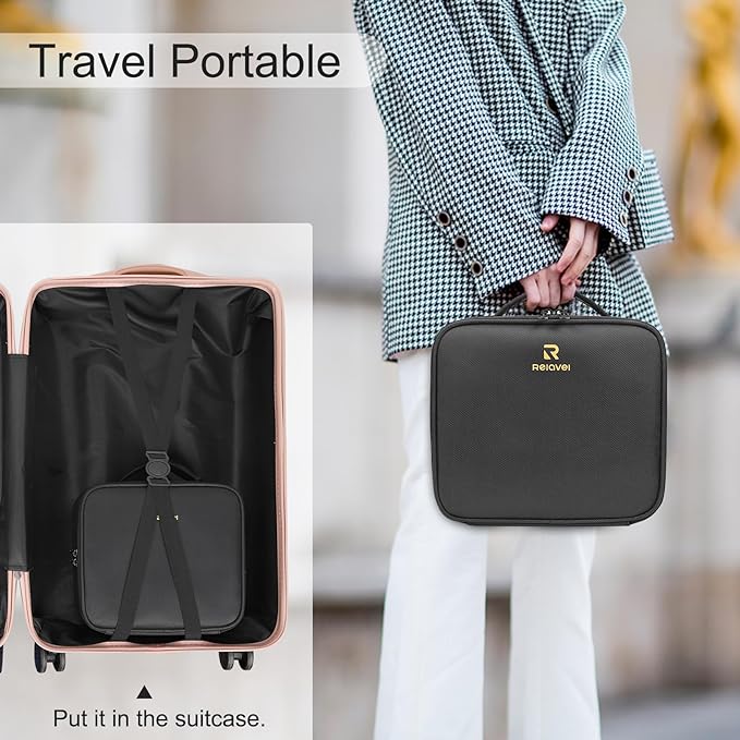 Relavel Travel Makeup Train Case Makeup Cosmetic Case Organizer Portable Artist Storage Bag with Adjustable Dividers for Cosmetics Makeup Brushes Toiletry Jewelry Digital Accessories Black - Image 6