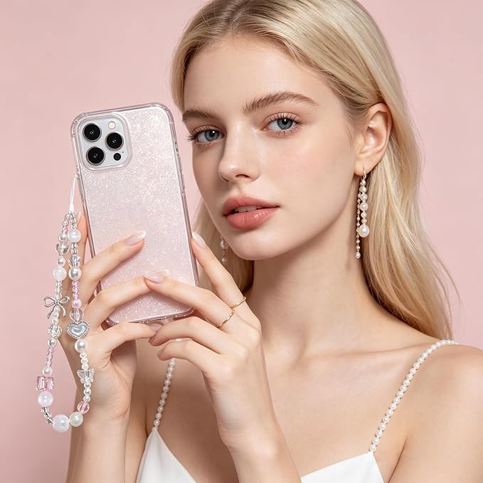 2 Pcs Phone Charm Strap Hand Wrist Strap Camera Lanyard Pearl Beaded Cute Chain String Accessories Universal for iPhone 17 Pro Max 16 15 14 for Samsung Women Girls Keychain Bag White Pearls and Bows - Image 2
