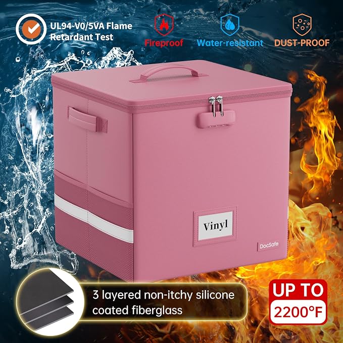 DocSafe Vinyl Record Storage Box with Lock, Fireproof＆Water Resistant Record Organizer for 100+ Single Records(12-inch), Collapsible Storage Crate with Lid&Handles for Valuable Album Collection,Pink - Image 2