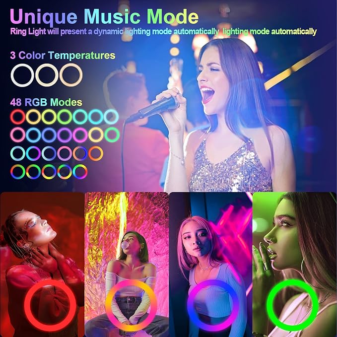13" Selfie Ring Light with 76" Tripod Stand & 3 Phone Holder, LED Camera Ringlight with 48 RGB Colors Modes & Musical Rhythm Mode and 12 Brightness Dimmable for Makeup/Photography/Videos/Vlog/TikTok - Image 3