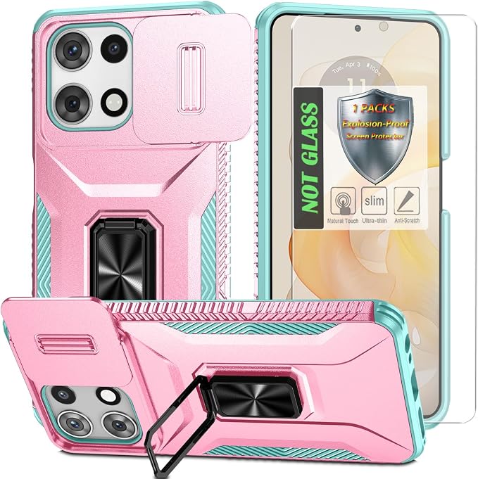 for Moto G 5G 2025 Case,with Sliding Camera Lens Cover,HD Screen Protector,360° Rotating Ring Kickstand,AYMECL Military-Grade Shockproof Protective Cover for Motorola Moto G 5G 2025,Pink+Turquoise by AYMECL