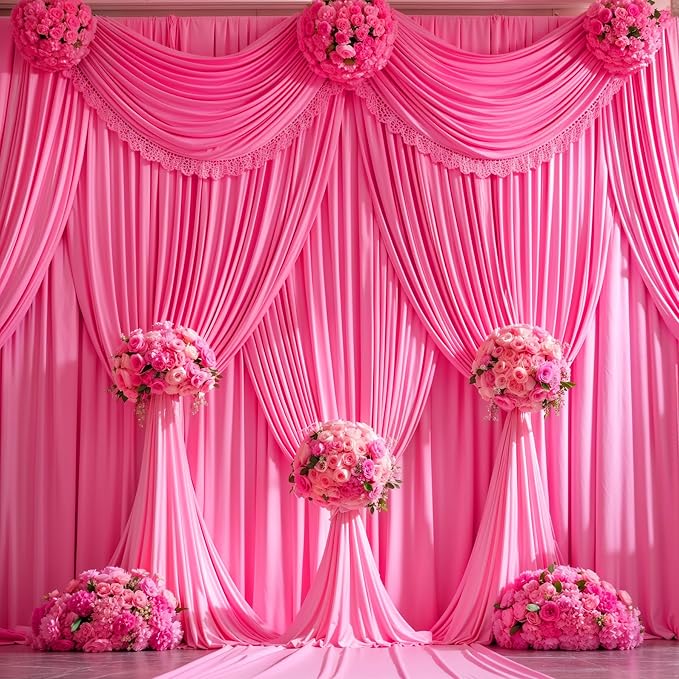 Hot Pink Backdrop Curtain 6 Panels-Wrinkle-Free Polyester Photography Drapes for Wedding Party Photo Background Decorations- 24 X10FT (Hot Pink) - Image 4
