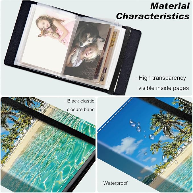 DEGDFSGR Small Photo Album 4x6 60 Pockets 120 Photos - Adventure Book Baby Photo Albums Photo Books for 4X6 Pictures Memory Book with Black Elastic Band for Photo Storage, Palm Tree Beach - Image 5