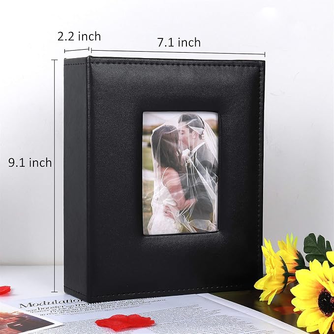 RECUTMS Photo Album 4x6 Pictures 200 Pockets Leather Wedding Albums Black | Black Page, Horizontal Pockets, Slide In Photo Album for Anniversary, Family, Small Graduation Photobook, DIY Cover Window - Image 4