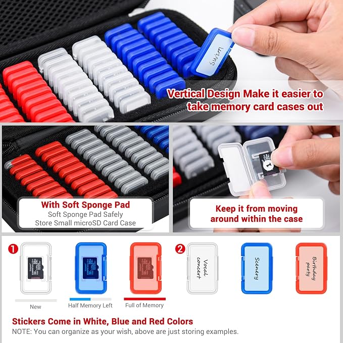 EVA PU Micro SD Card Case with 60 Individual Plastic TF Card Holders - Water-Resistant, Anti-Shock Carrying Organizer with Handle & Label - Image 3