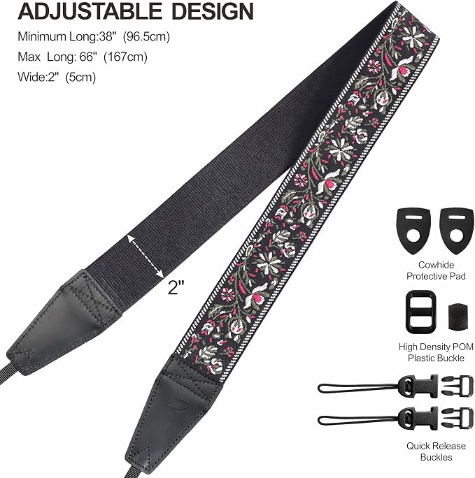 Padwa Lifestyle Camera Strap - 2" Full Grain Leather Ends Camera Straps for Photographers, Vintage Embroidered Cotton Weave Soft Strap Quick Release fits All Cameras - Image 6