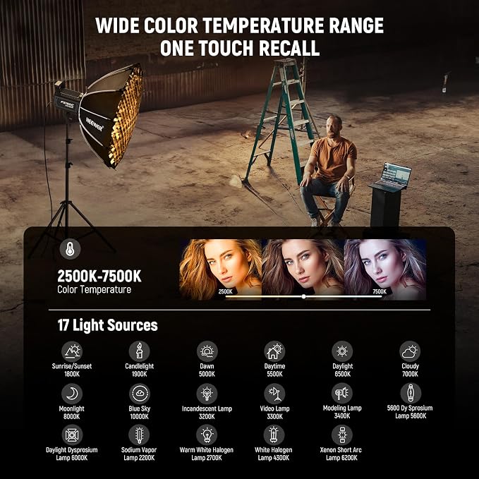 NEEWER FS150C 130W RGB LED Video Light with App/2.4G Control 17 Effects | 2500-7500K, 19800lux/1m, COB Continuous Lighting Output, CRI97/TLCI98, 4 Dimming Curves, Bowens Mount Spotlight Studio Shoots - Image 4