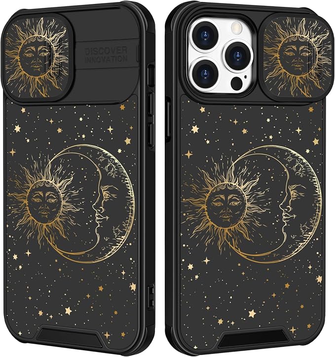 (2in1 for iPhone 15 Pro Case Sun and Moon for Women Cute Phone Cover Girly Stars Cool Space Unique Esthetic Design with Slide Camera Cover protective Stand Holder for iPhone 15 Pro Cases 6.1'' by Goocrux