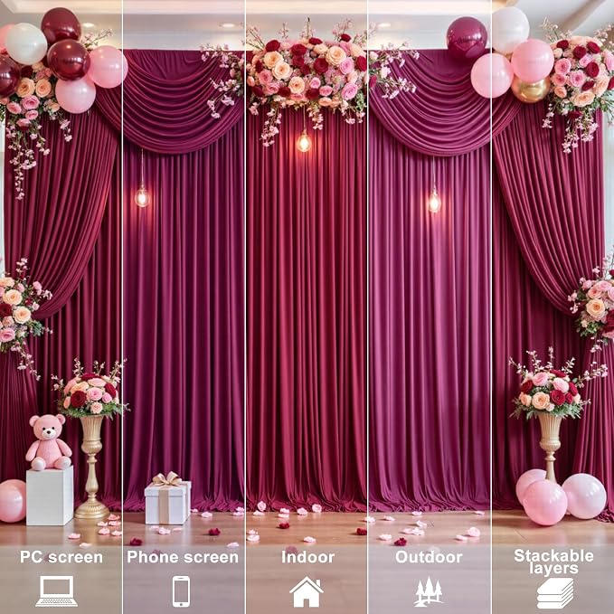 4 Panels Burgundy Backdrop Curtains for Wedding Party Wrinkle Free Backdrops Curtain Drapes Fabric Decorations Maroon Photo Back Drop for Baby Shower Photography Stage Reception 20ft(W) x 12ft(H) - Image 8