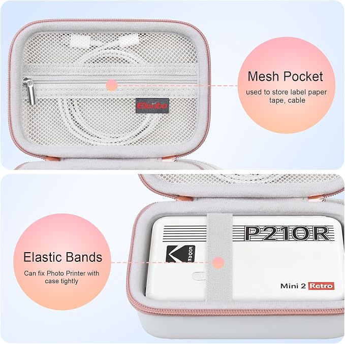 Elonbo Carrying Case for KODAK Mini 2 Retro 2x3 Portable Photo Printer | Bluetooth Smartphone Instant Color Printer Hard Travel Protective Bag, Mesh Pocket fits Cartridge Photo Paper Sheets, White - Image 3