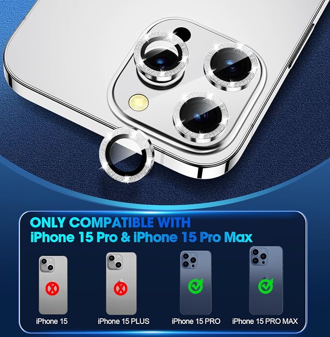 for iPhone 15 Pro/15 Pro Max Camera Lens Protector Glitter, Silver | Individual Metal, 9H Hardness, Scratch Resistant, Shockproof, Drop Protection, Case Friendly, Stylish Accessories - Image 2