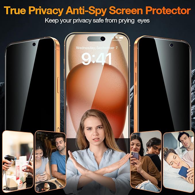 YMHML 3 Pack Compatible for iPhone 17 Pro Privacy Screen Protector Tempered Glass + 1 Set of Camera Lens Protector, 25°Anti Spy, [Top 9H+ Military Grade Shatterproof] [Bubble Free, Auto-Dust Removal] - Image 2