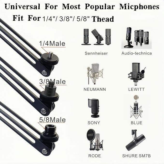 Low Profile Mic Boom Arm, 360° Rotatable 3-Section Foldable Desk Microphone Stand, 2.5kg Heavy Duty C Clamp Mic Mount with 1/4 3/8 5/8 Screw Adapter for Streaming Podcast(C Clamp Mount) - Image 8