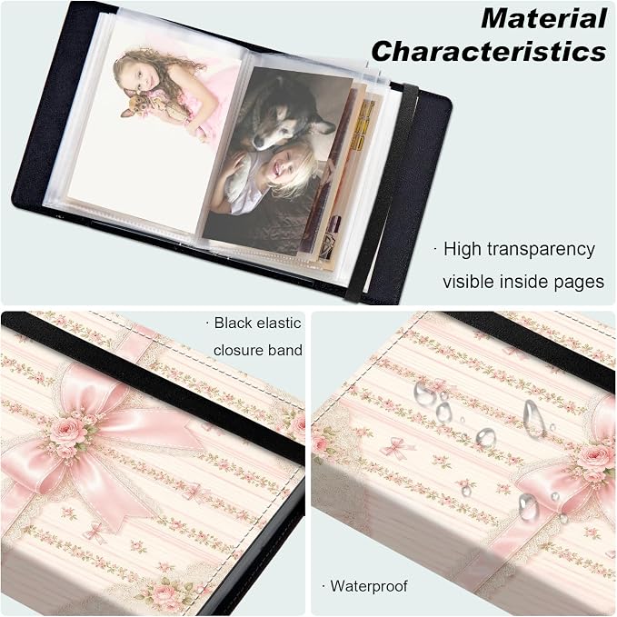 Small Photo Album 4x6, 60 Pockets Holds 120 Photos, Slip-in Pocket Photo Storage Book with Black Elastic Band for Family Wedding Baby Travel Pictures, Pink Lace Bow Rose - Image 5
