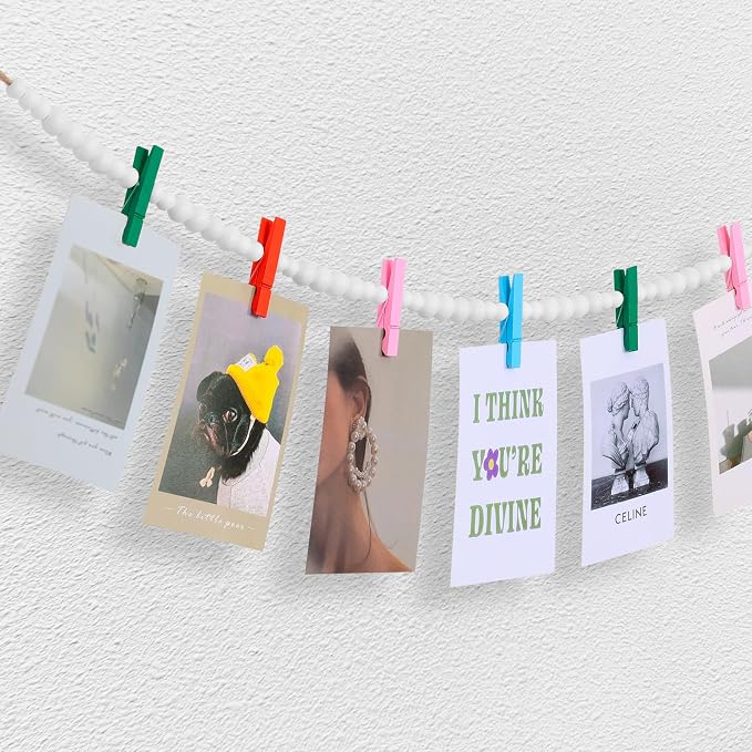 KLOGTSIND Hanging Photo Display, 3PCS Boho Wood Bead Garland Wall Decor | Photo Banner with 9 Wooden Clips for Bedroom, Living Room, Office, Dorm Decor, Pictures Postcards Holder Teen Girl Gifts - Image 2