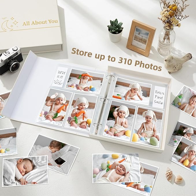 4x6 Photo Storage Box with 3-Ring Slip-In Album, Linen Binder Organizer with Gold Foil Cover, Holds 310 Photos with Blank Memo Cards for Memories & Keepsakes, Beige - Image 5