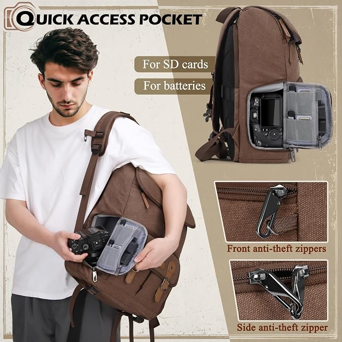 RAINSMORE Camera Backpack, DSLR SLR Mirrorless Camera Bag for Photographer | 15.6 Inch Vintage Canvas Camera Case with Laptop Compartment & Tripod Holder &Rain Cover for Sony Canon Nikon Fujifilm Coffee - Image 5