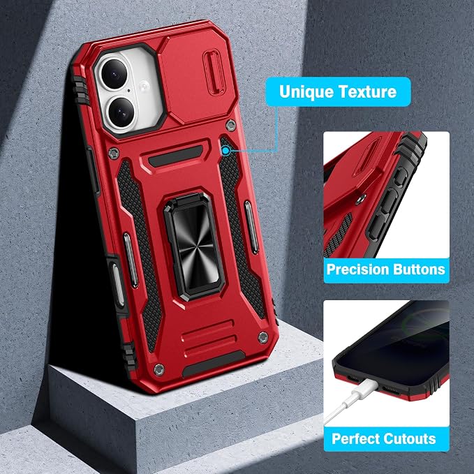 VEGO for iPhone 16 Plus Case with Privacy Screen Protector and Kickstand | Slide Camera Cover and Ring Kickstand Military Grade Heavy Duty Protection Cover for iPhone 16 Plus 6.7 Inch - Red - Image 7
