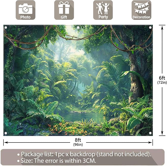 Fabric 8x6ft Jungle Forest Photography Backdrop Rainforest Banner | Tropical Natural Scenery River Background, Summer Adventure Party Decorations, Kids Adult Photo Props, Polyester, Grommets - Image 3