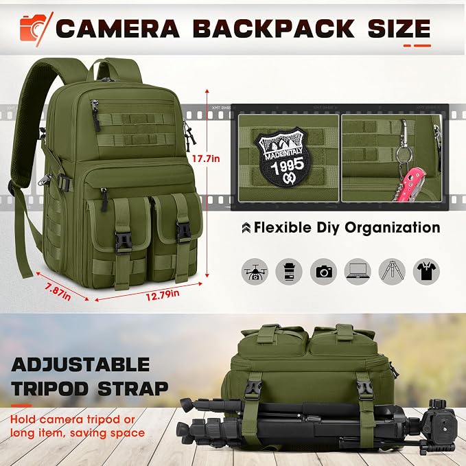 RAINSMORE Camera Backpack, DSLR/SLR/Mirrorless Camera Bag for Photographers | 15.6 Inch, Waterproof Tactical Photography Backpack Case, with Rain Cover & Tripod Holder - Image 6