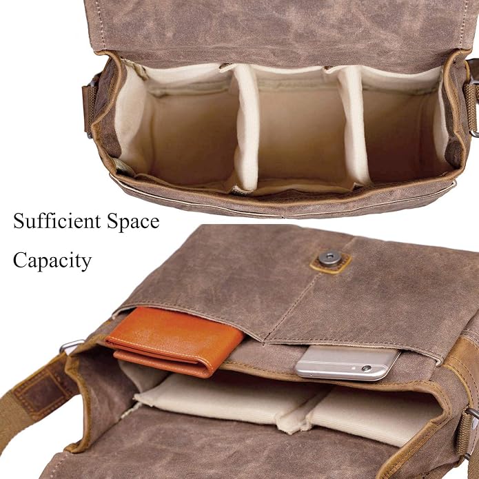 SLR Camera Bag, Waterproof Wax Canvas Bag Vintage Camera Case Messenger Bag with Interlayer Pad - Image 3