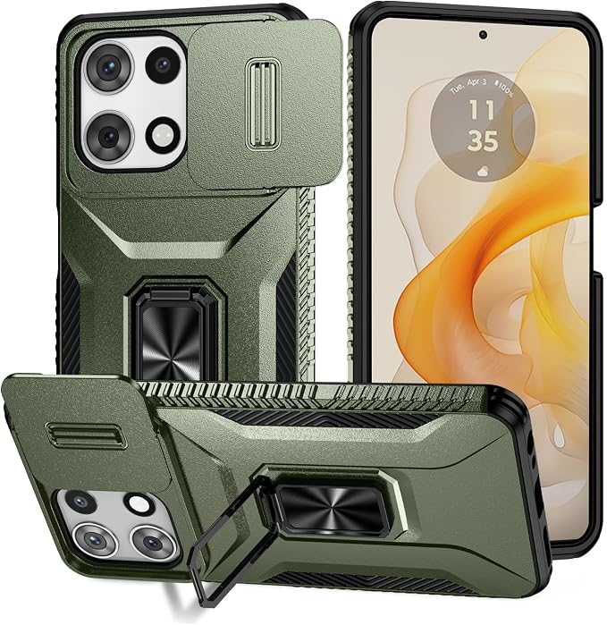 for Moto G 5G 2025 Case,with Sliding Camera Lens Cover,HD Screen Protector,360° Rotating Ring Kickstand,AYMECL Military-Grade Shockproof Protective Cover for Motorola Moto G 5G 2025,Army Green by AYMECL